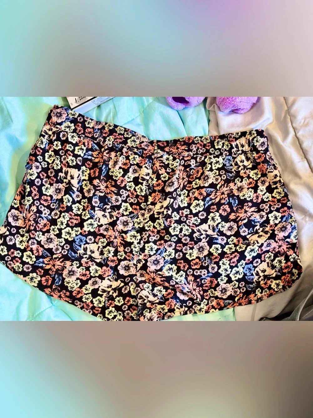 SO Floral Drawstring Shorts in Black with Pink & Peach Blooms